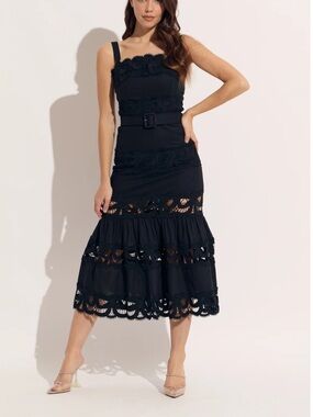 OO LA LABlack Crochet-Trim Belted Midi Dress